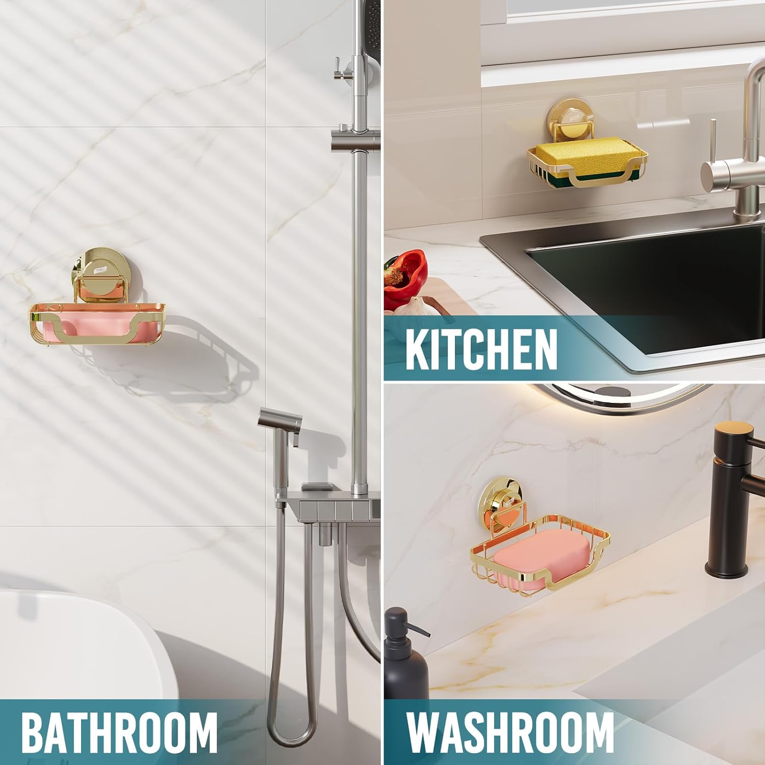 TAILI Soap Holder Bar Dish Suction Cup, Bar Shampoo Rack for Shower Wall, Draining Soap Saver Tray for Bathroom, Rustproof Stainless Steel Sponge Holder for Tub, Kitchen, Drill-Free, Gold