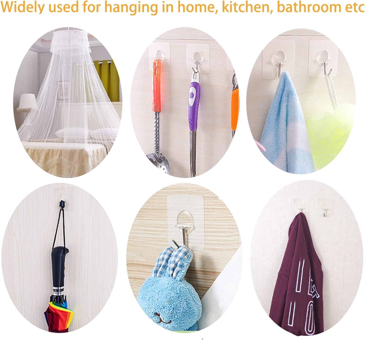 COLOGO 100 Pack Adhesive Hooks 24lb(Max) Heavy Duty Self Adhesive Hooks, Transparent Reusable Seamless Adhesive Wall Hooks for Kitchens, Bathroom, Office