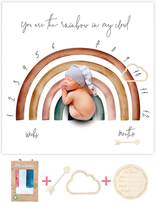 100% Organic Cotton Muslin Monthly Baby Milestone Blanket with Wooden Hello World Newborn Sign, Newborn Photography Props, Birth Announcement Sign, Rainbow