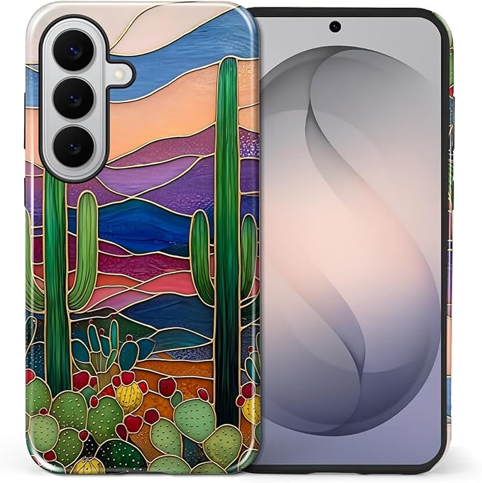 for Samsung Galaxy S26+ Case, Stained Glass Cactus Pattern Glossy 2 in 1 - Image 2