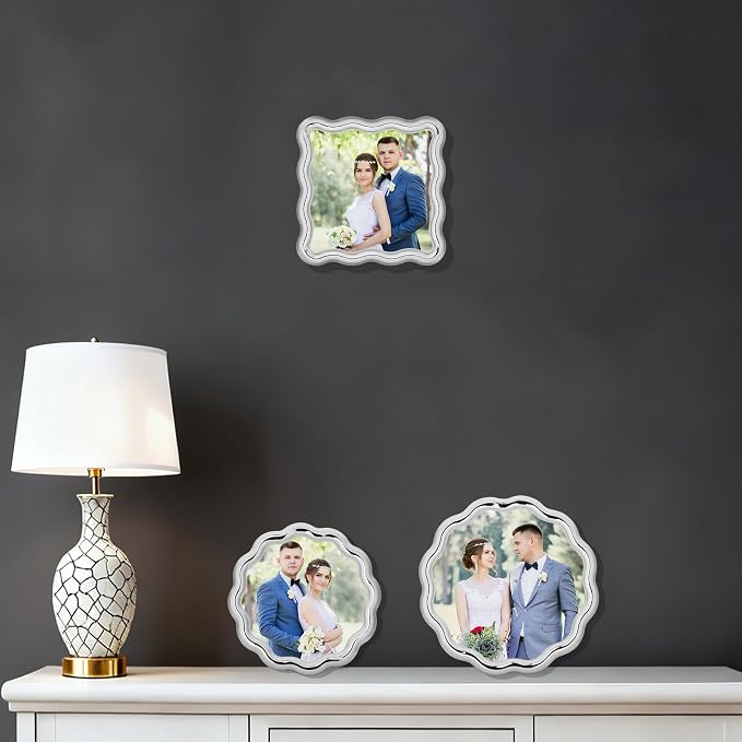 High-End Silver 4x4'' Round Zinc Alloy Picture Frames, Unique Wave Design - Image 4