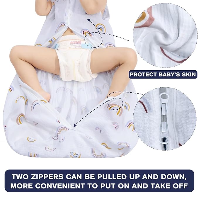 2 Pack Baby Sleep Sack 0-6 Months 100% Organic Cotton Muslin Baby Sleeping Bag 2-Way Zipper Wearable Blankets (Rainbow & Leaf, Small)