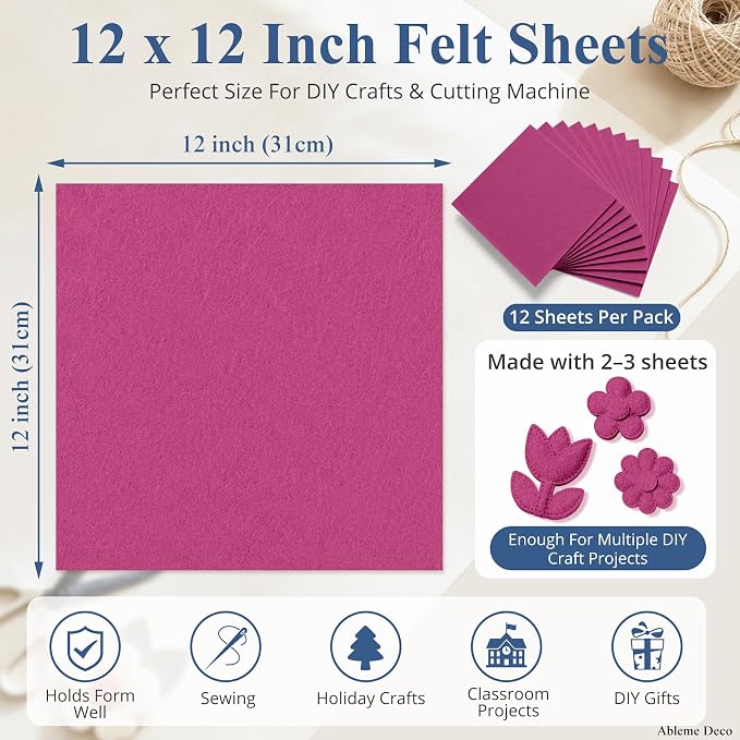 12" x 12" Felt Sheets for Crafts, 2mm Stiff Felt Fabric, Fuchsia | 2mm Thick - Image 3