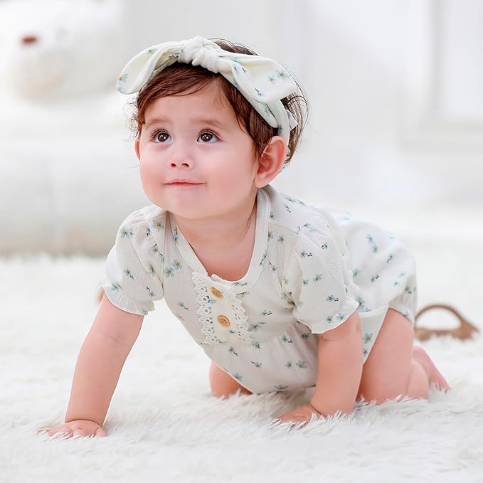 Newborn Baby Girl Clothes Cotton Bubble Romper Floral Short Sleeve Bodysuit 3 Pack