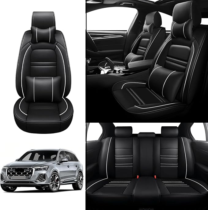 Car Seat Covers for Audi q7 2017-2025 | 5-Seats Seat Covers, Waterproof Seat Protectors, Automotive Seat Covers (Full Set with Pillow,Black&White Line)