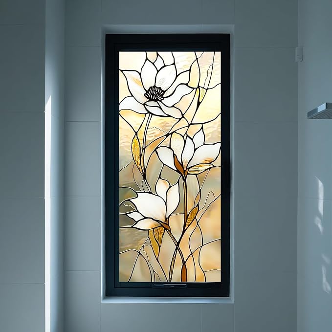 IVN Privacy Window Film Stained Glass Static Cling Window Film White Floral - Image 6