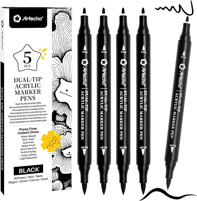 Artecho Dual Tip Acrylic Paint Pen Black 5pcs set-Fine Tip and Brush Tip by Artecho