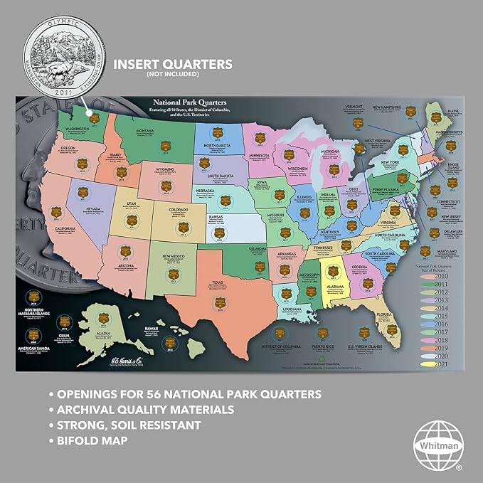 Whitman Coin Collector’s Board Traditional Coin Map US National Parks Quarter - Image 2