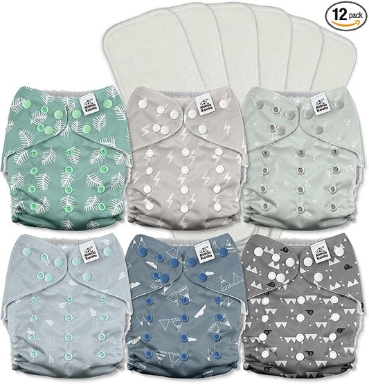 Mama Koala 3.0 Pocket Cloth Diapers for Babies with AWJ Lining, 6 Pack with 6 5-Layer Natural Cloth Diaper Inserts - Reusable and Washable Pocket Diapers(A-The Gray Sky)
