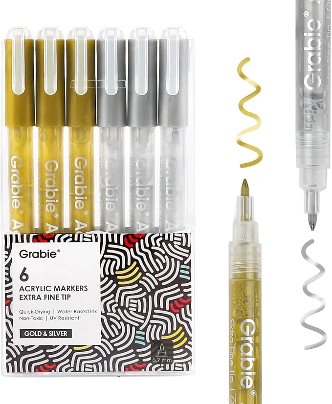 Grabie Gold&Silver Extra Fine Tip Acrylic Paint Marker Set, 6 Pack Gold Paint by Grabie