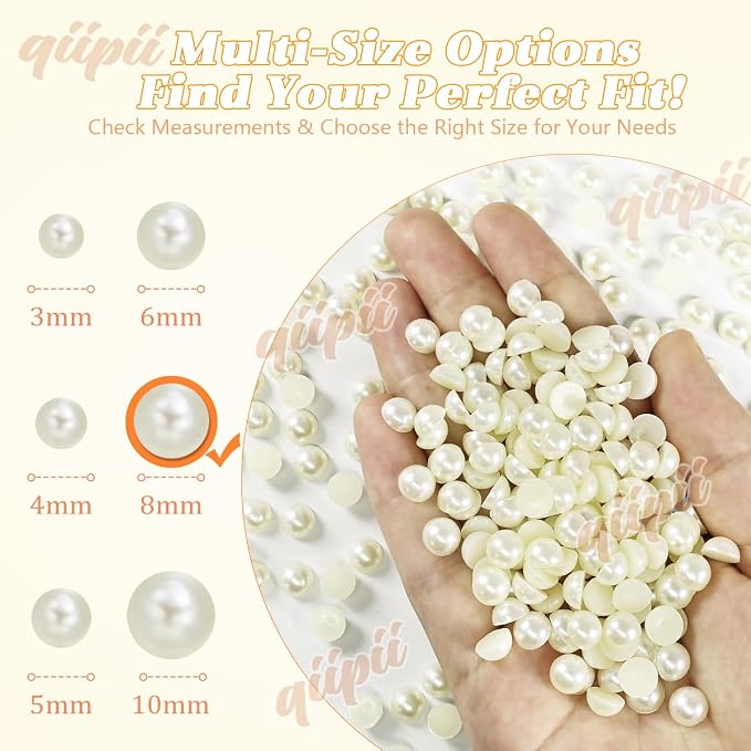 qiipii 380PCS 8mm Beige White Round Half Round Pearls - Image 3