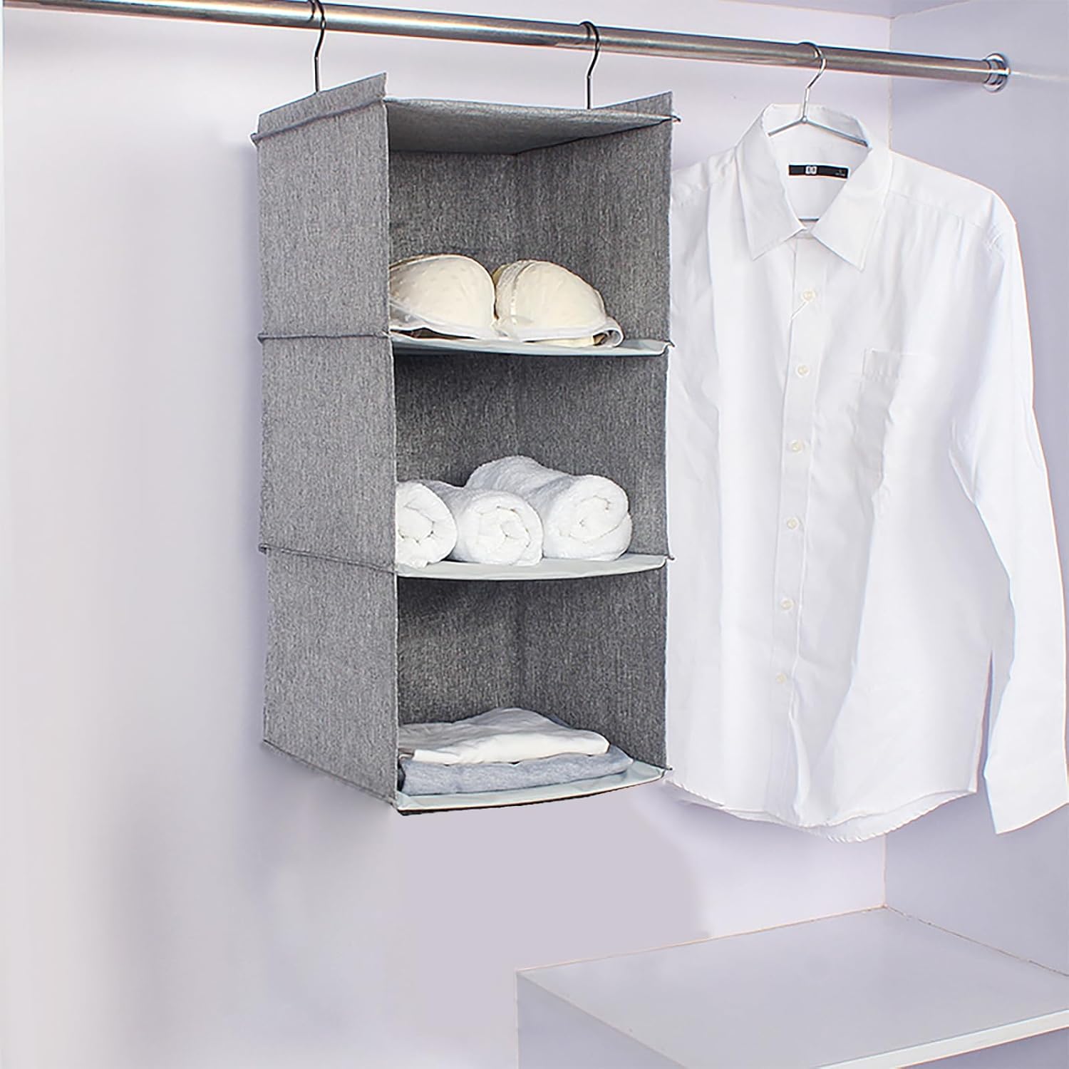 Hanging Closet Organizer, Easy Mount Collapsible 3-Shelf Camper Closet Wardrobe Hanging Storage Shelves, Folded Clothes Towels Handbag Shoes Accessories Storage, Linen Cloth, Gray