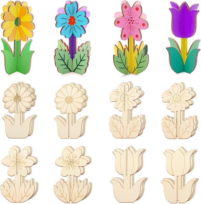 3D Wooden Flower Crafts to Paint, 4 Styles Flowers Ornaments by Catephe