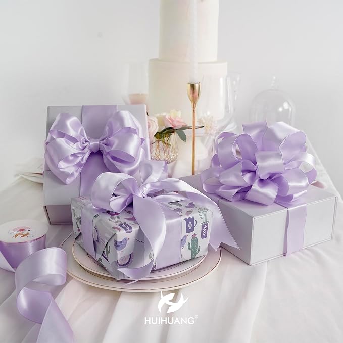 HUIHUANG Lavender Satin Wired Ribbon 1-1/2 inch Lavender Purple Wire Edge Ribbon - Image 3