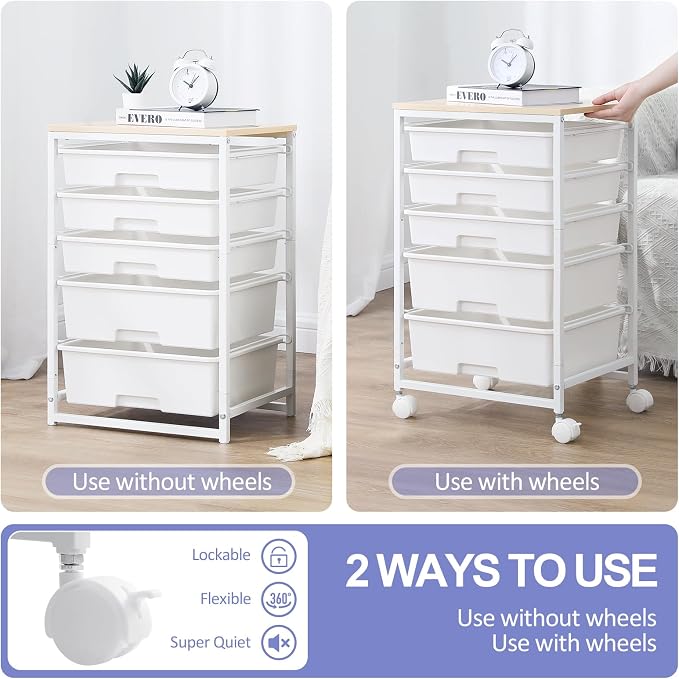 SYKIARIOL Utility Cart with 5 Drawers, Storage Drawer Cart with Wooden Tabletop - Image 7