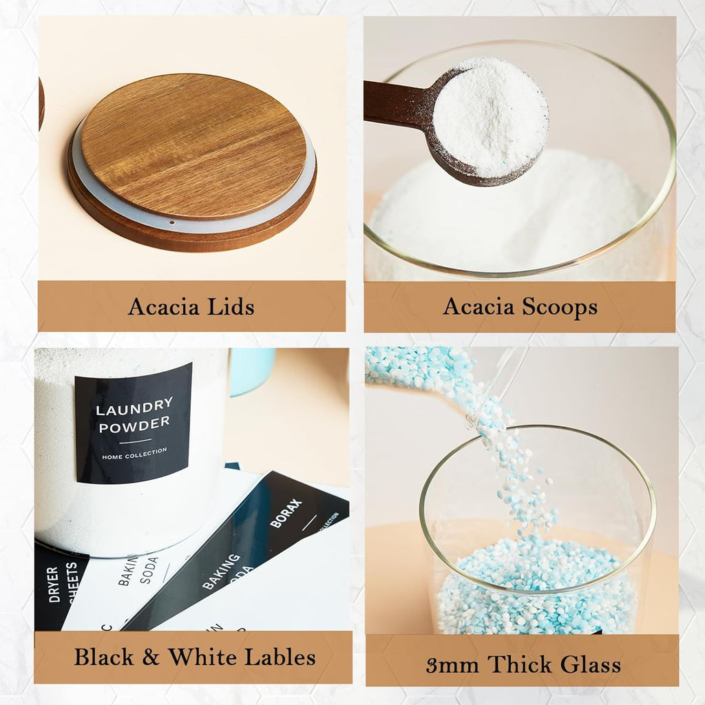 Glass Laundry Storage Containers with Acacia Lids and Scoops, 2 Pack Laundry Room Organization Jars with Labels, Powder Detergent Organizer and Laundry Pod Holder, Glass Laundry Beads Canisters Set