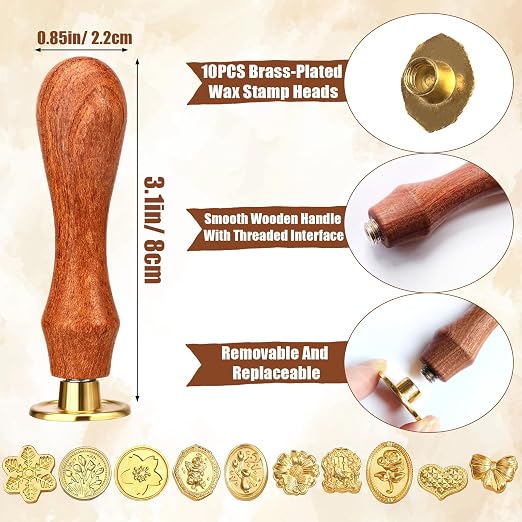 Wax Seal Stamp Kit 10PCS Wax Stamp Heads and 1PCS Wooden Handle Vintage Classic - Image 2