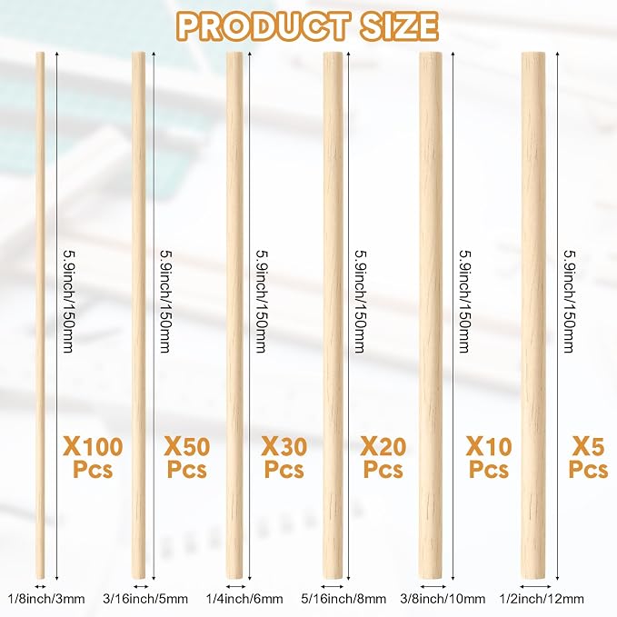 215 Pieces Balsa Wood Sticks Wooden Dowel Rods 1/8, 1/2 Inch Round Hardwood - Image 2