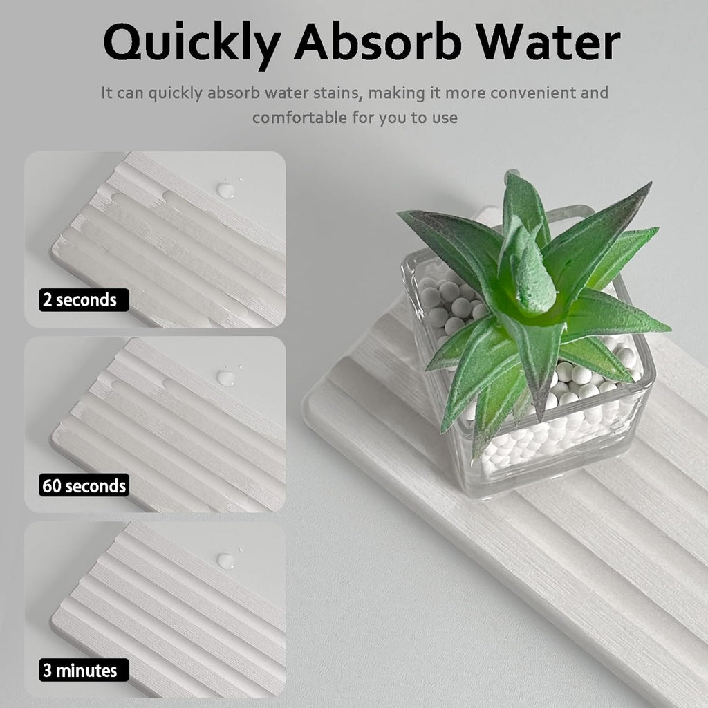 2 PCS Water Absorbing Stone Trays for Bathroom Sink & Kitchen Counter, Fast-Drying Diatomite Sink Caddy, Vanity Tray, Hand Soap Holder with Anti-Skid Pads (White, 8.7" x 4"/22 x 10cm)