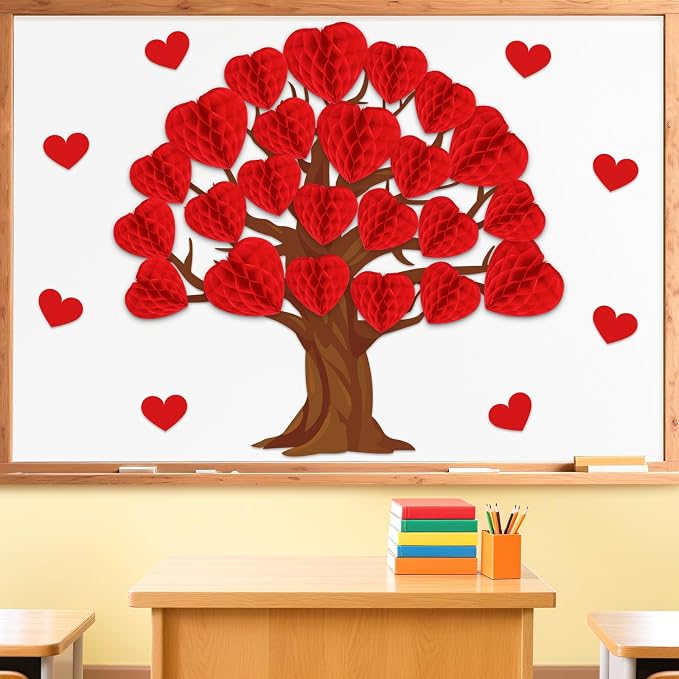 JarThenaAMCS 50Pcs Valentine' s Day Tree Bulletin Board Set 3D Heart Honeycomb - Image 3