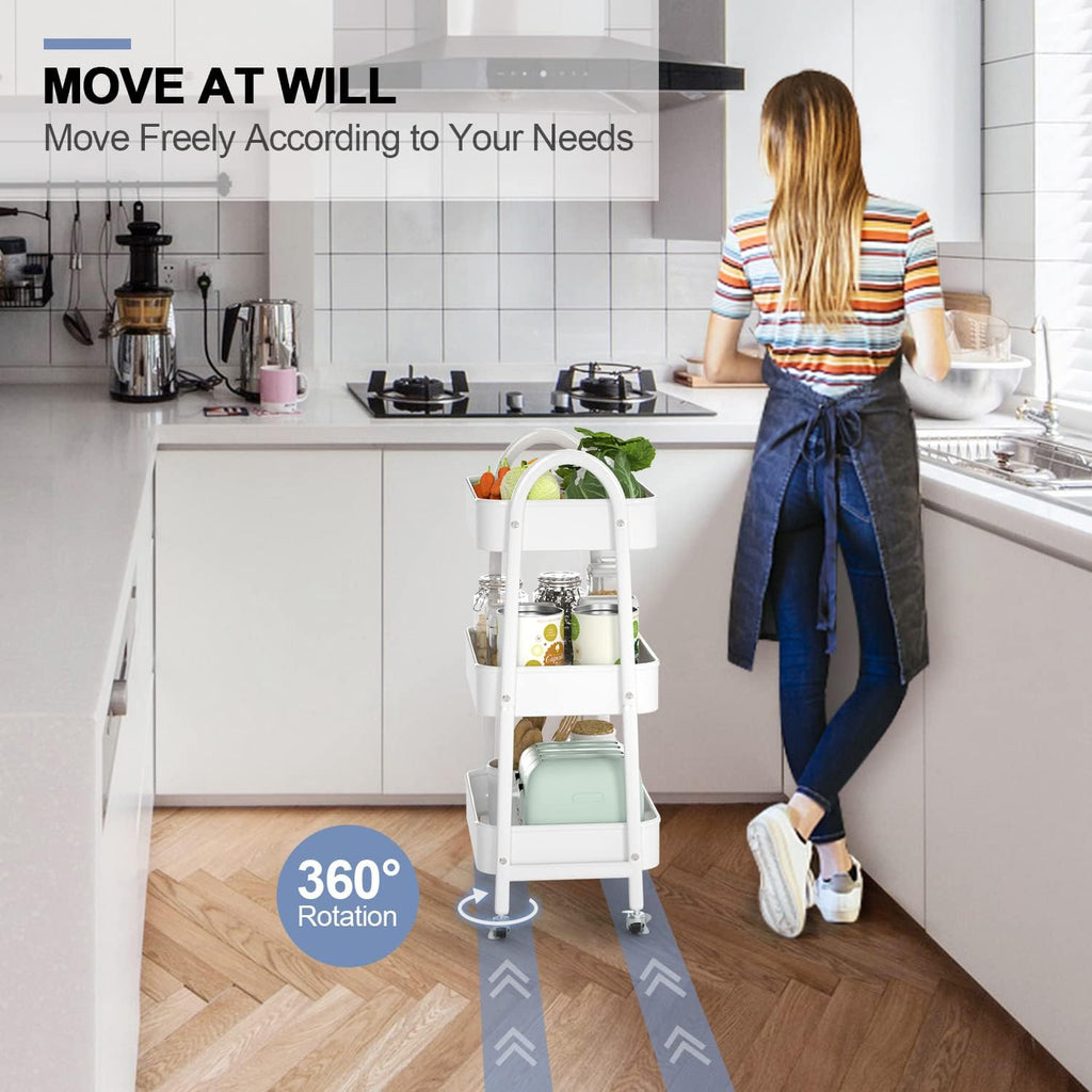 EAGMAK 3 Tier Utility Rolling Cart, Metal Storage Cart with Handle and Lockable Wheels, Multifunctional Storage Organizer Trolley with Mesh Baskets for Kitchen, Living Room, Office, Garage (White)