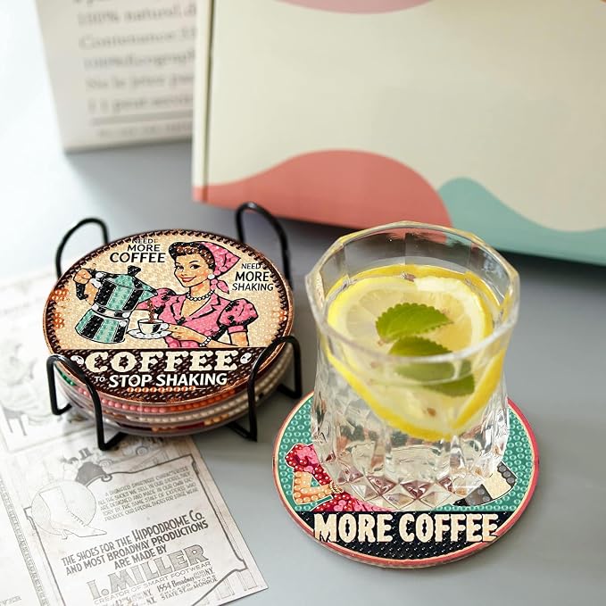 8Pcs Retro Housewife Diamond Art Coasters Kit, Vintage Coffee Diamond Painting - Image 4