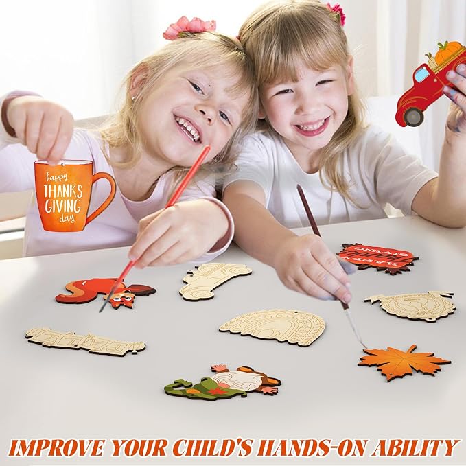 Subacy 80 PCS Unfinished Thanksgiving Wood Cutouts 10 Styles DIY Wooden Crafts - Image 6