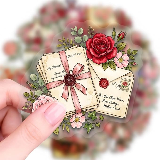 50PCS Vintage Rose Flower Stickers, Retro Love Letter Floral Decals, Waterproof - Image 2