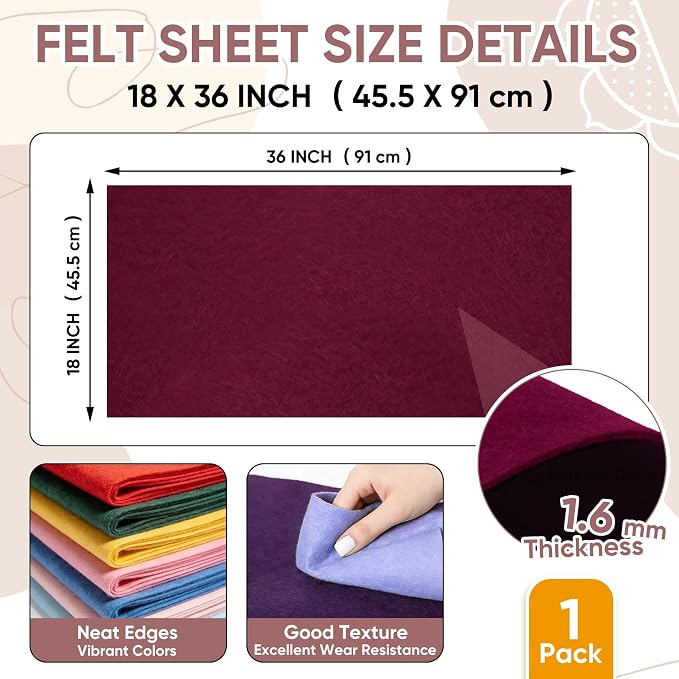 Soft Felt Fabric Sheet 18" x 36", 1.6mm Acrylic Craft Felt, Burgundy | Soft - Image 3