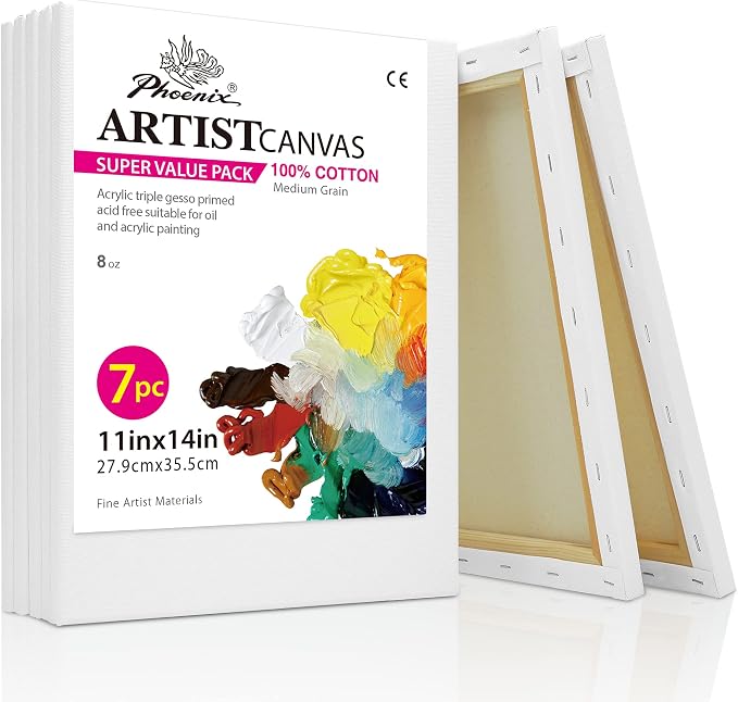 PHOENIX Stretched Canvas for Painting 11x14 Inch/7 Value Pack, 8 Oz Triple by PHOENIX