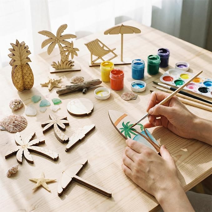 DIY 3D Summer Wood Crafts to Paint, 4 Styles DIY Blank Unfinished Wooden Slices - Image 7