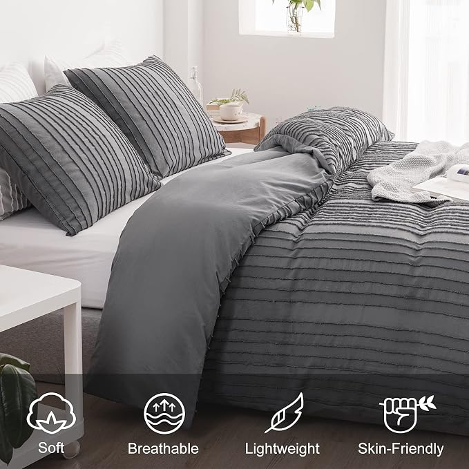 WARMDERN Gray Boho Duvet Cover Set Queen Size, Striped Textured Duvet Cover - Image 3