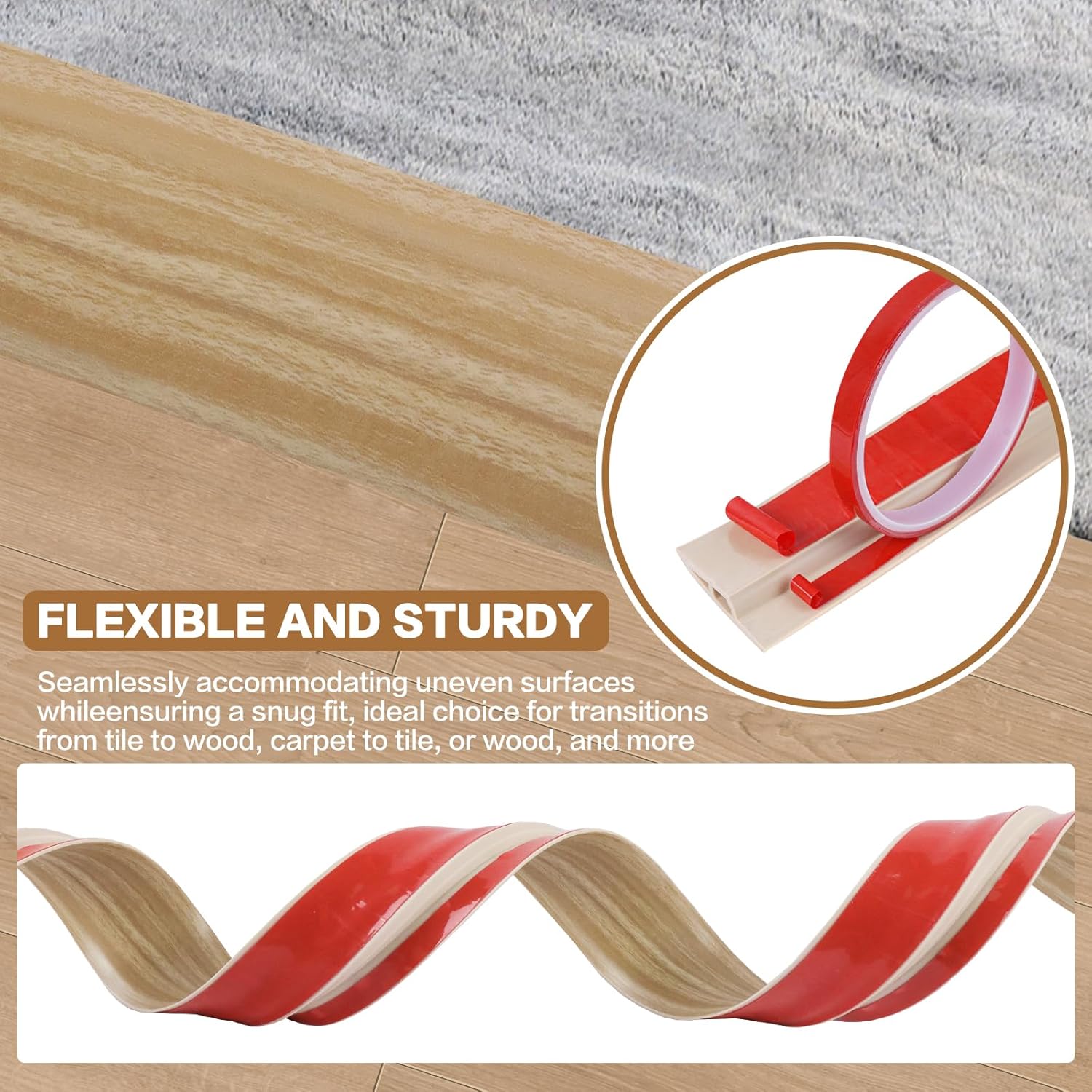 Floor Transition Strip Vinyl Door Threshold Ramp Self Adhesive Carpet Edging Strip Doorway Edge Trim, Overlap Edge Reducer for Laminate Carpet, Floor, Tile (Light Yellow Grain, 1/5" to 2/5", 10Ft)