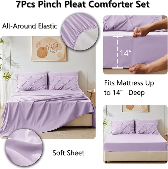 HIMEET Pintuck Bed in a Bag, 7 Pieces King Size Comforter Set Lavender - Image 5