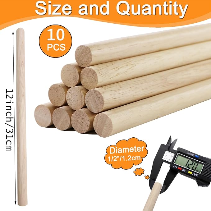 Yaliuliu 10PCS Dowel Rods Wood Dowels, 1/2 x 12 Inch Round Wooden Sticks - Image 2