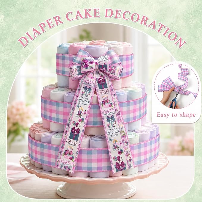 Birthday Wired Edge Ribbon, 2 Rolls 2.5 Inch x 10 Yards Each, Birthday Party - Image 2