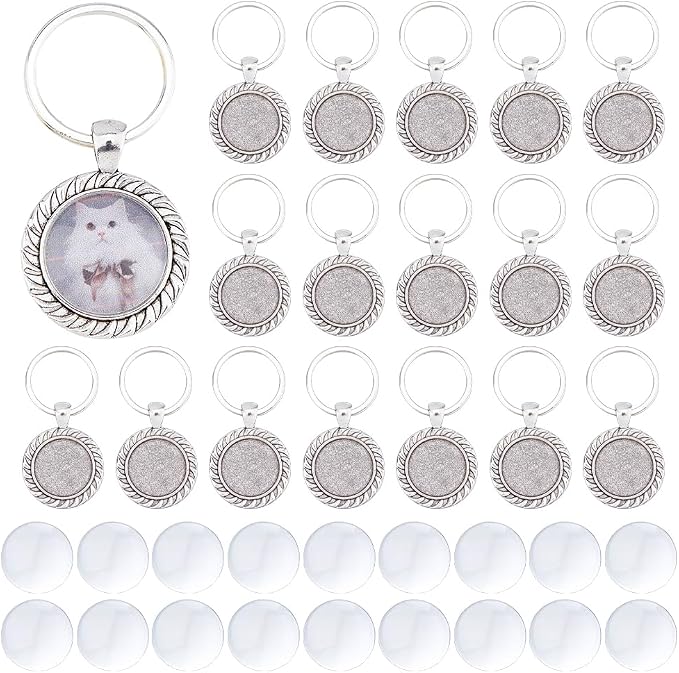 DICOSMETIC 20 Sets 20mm Cabochon Keychain Blanks Keychain Pendant Tray Platinum by DICOSMETIC