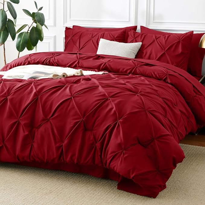 CozyLux King Size Comforter Set Dark Red, 7 Pieces Pintuck Bed in A Bag Red by CozyLux