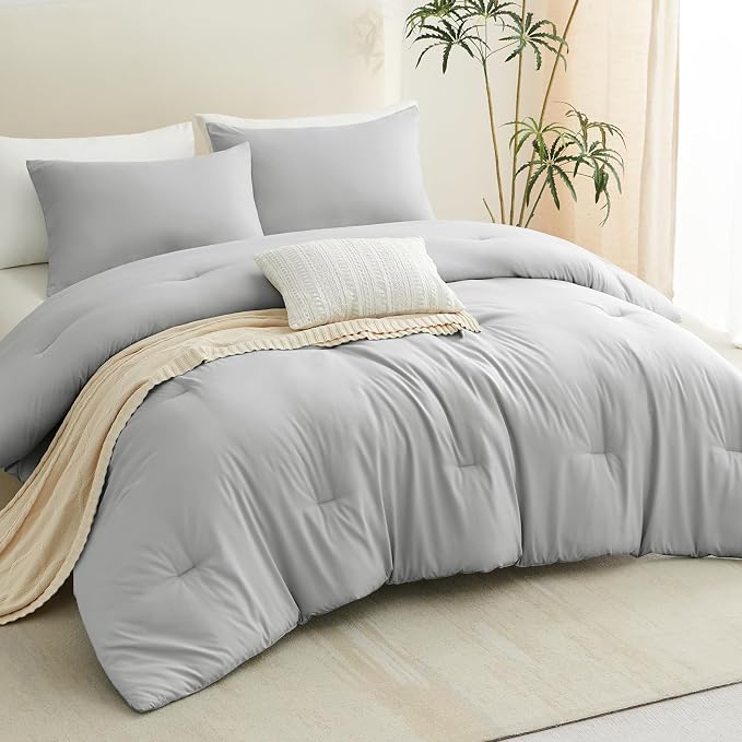 CozyLux Queen Comforter Set Light Grey, 3 Pieces Solid Comforters Queen Size - Image 9