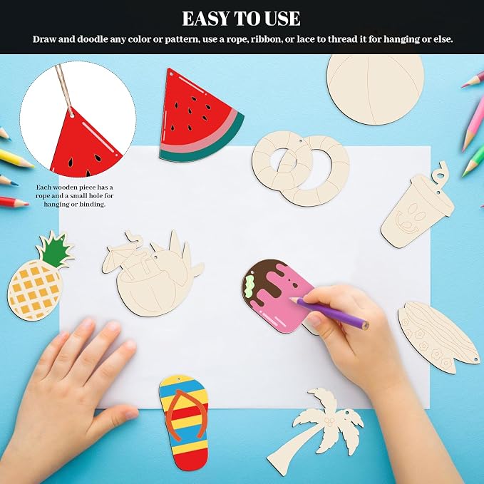 Subacy 80 PCS Unfinished Wood Cutouts 10 Styles DIY Wooden Summer Ornaments - Image 4