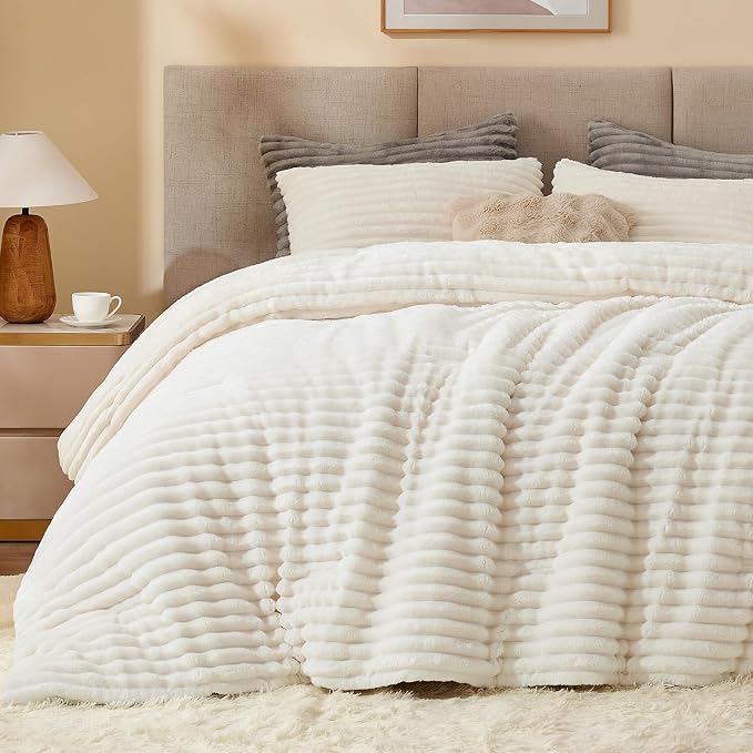 BEDELITE Fleece King Comforter Set -Super Soft & Warm Fluffy Cream White Bedding by BEDELITE