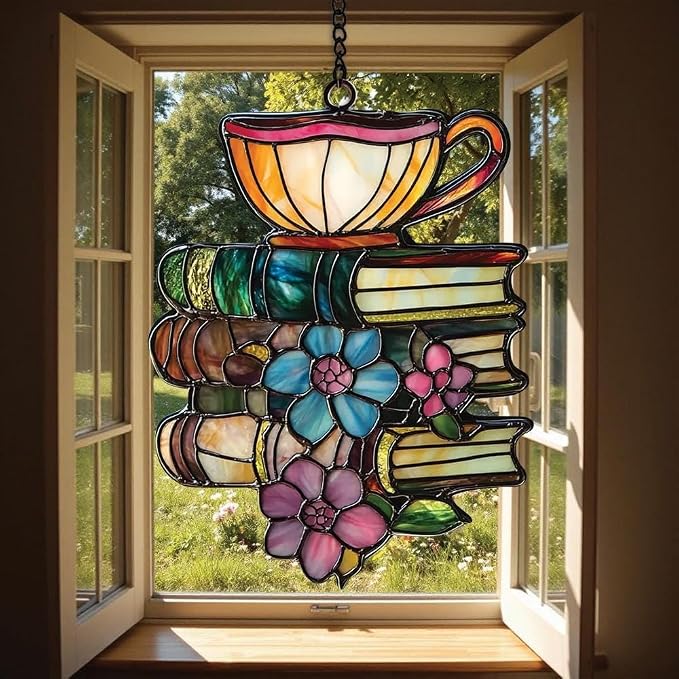 Flower Books Tea Acrylic Suncatcher Window Hanging Bookish Book Lover - Image 2