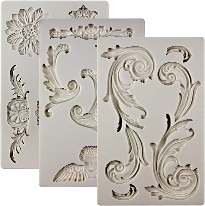 Baroque Style Ornament Curlicues Silicone Molds 3-Count Cherub Birdbath by FUNSHOWCASE