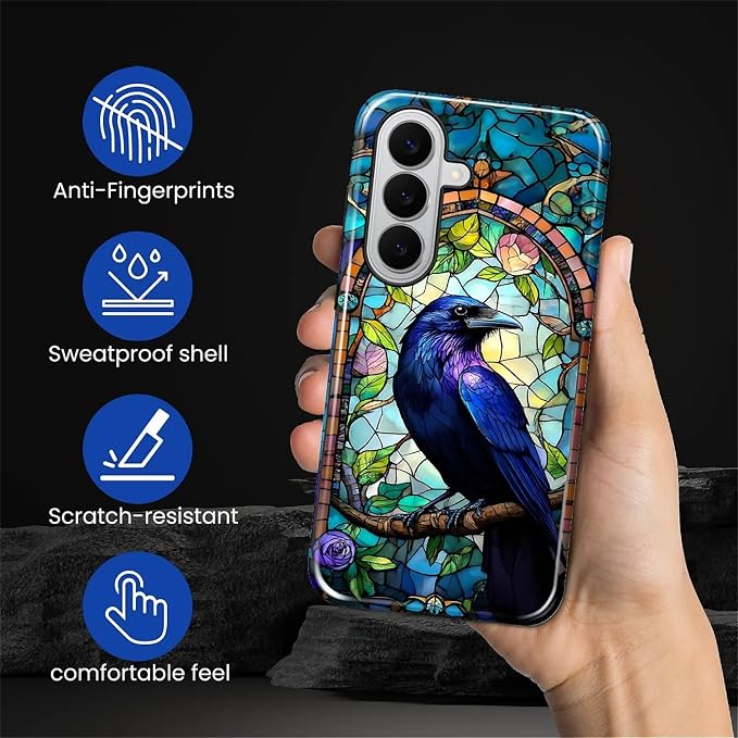 for Samsung Galaxy S26+ Case, Crow Faux Stained Glass Pattern Glossy 2 in 1 - Image 4