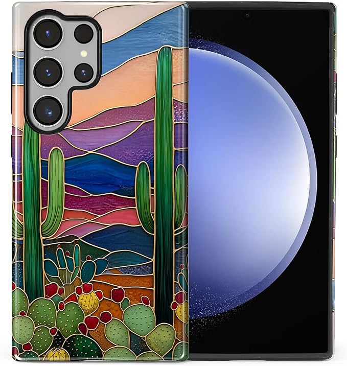 for Samsung Galaxy S24 Ultra Case, Stained Glass Cactus Pattern Glossy 2 in 1 by Teonvpu