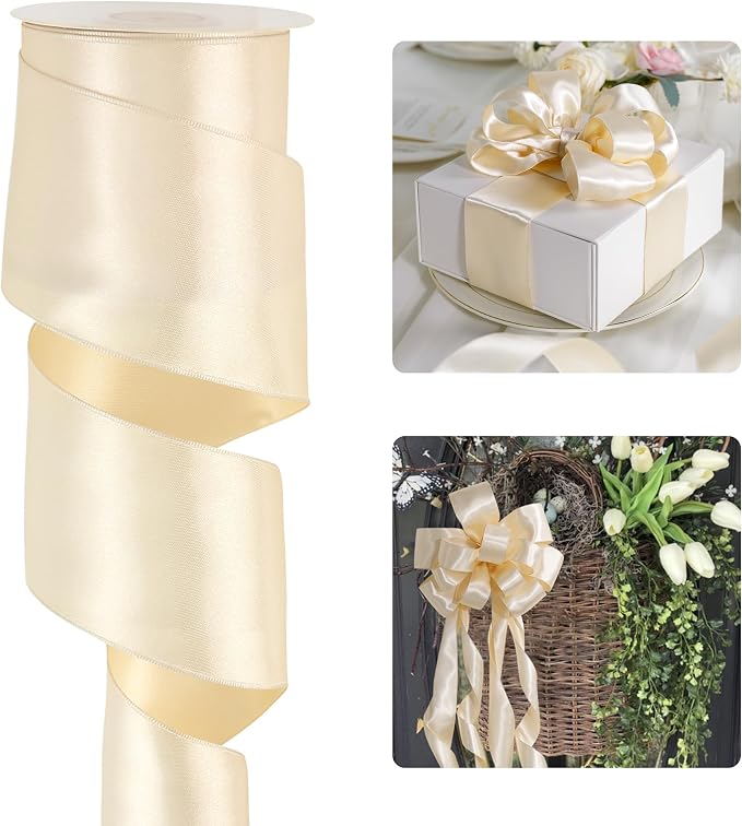 HUIHUANG Champagne Satin Wired Ribbon 2.5 inch Champagne Pink Wire Edge Ribbon by HUIHUANG