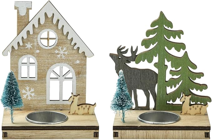 2 pcs 2 Styles Christmas Candlestick Theme Wooden Bases House Deer Tree Wood by Gythara