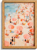 Framed Pink Beach Umbrella Canvas Wall Art, Coastal Painting Picture Wall Decor by HJYQLN