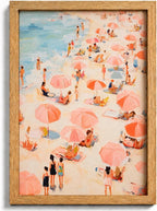 Framed Pink Beach Umbrella Canvas Wall Art, Coastal Painting Picture Wall Decor by HJYQLN