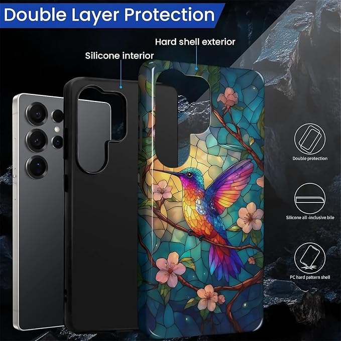 for Samsung Galaxy S25 Ultra Case, Stained Glass Hummingbird Pattern Glossy 2 - Image 3